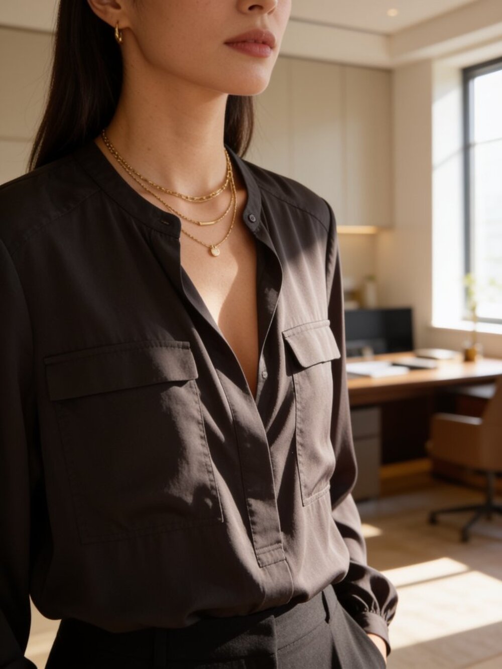 White House Black Market Button Up Lightweight Long Sleeve Top in Black